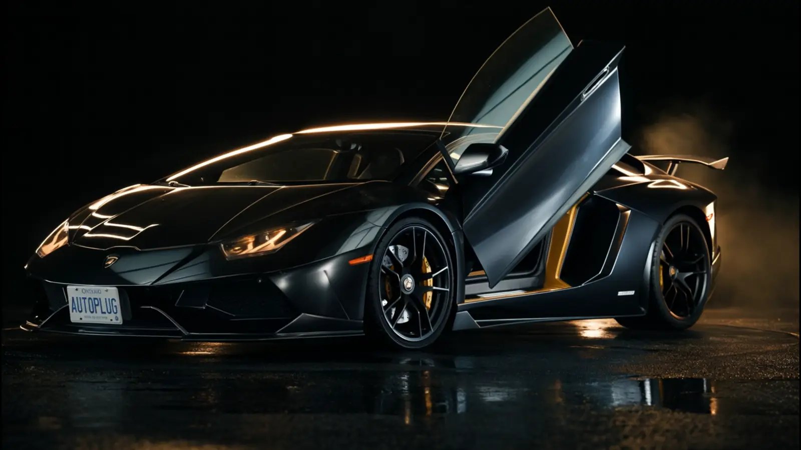 Lamborghini with its doors raised in a dark studio